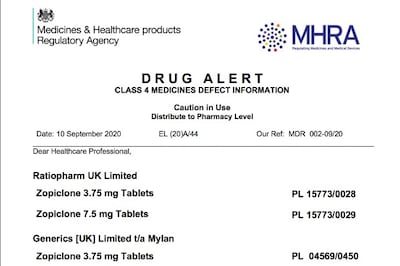 MHRA issues medicines defect alert for zopiclone tablets